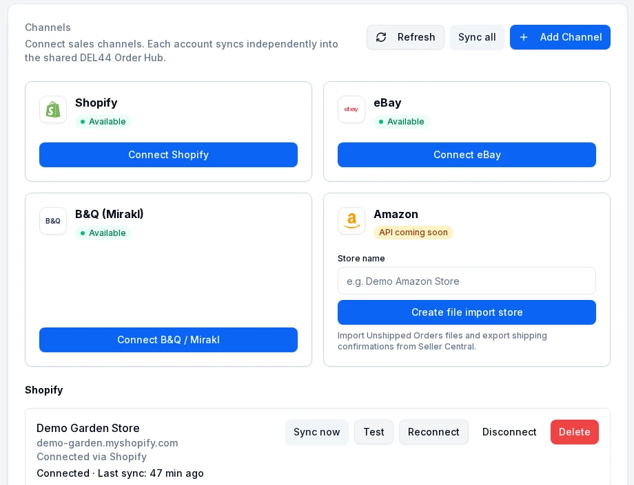 DEL44 Settings, Channels: connect Shopify, eBay, B&Q and Amazon file import, with a demo Shopify store connected