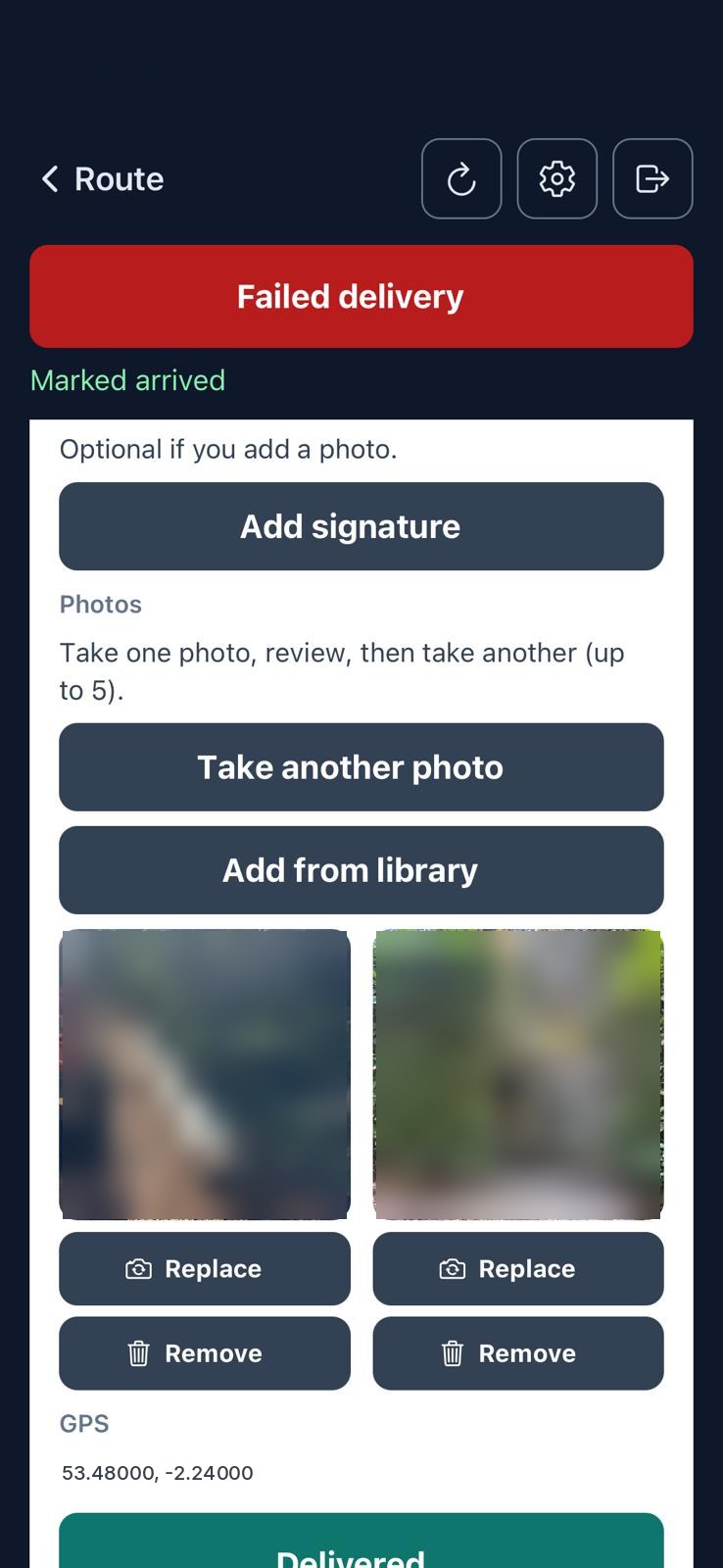 DEL44 driver app on a failed delivery, with signature, photos and GPS