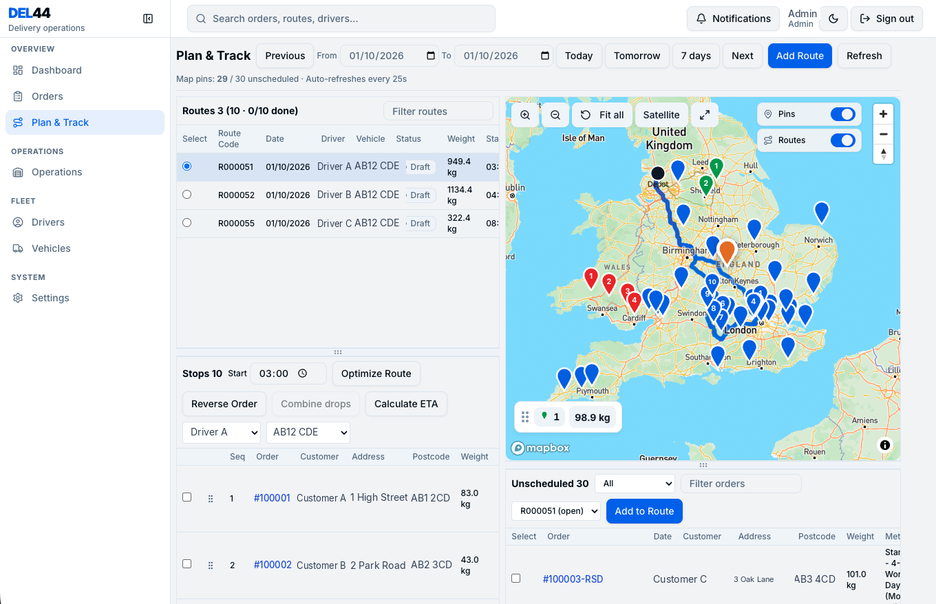 DEL44 Plan and Track with routes, stops, a UK map and unscheduled orders